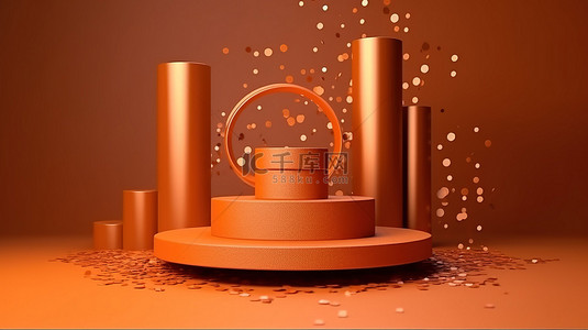 庆祝周年纪念日背景图片_豪华的 3D 产品展示，带有充满活力的橙色和金色五彩纸屑和讲台，用于庆祝周年纪念日