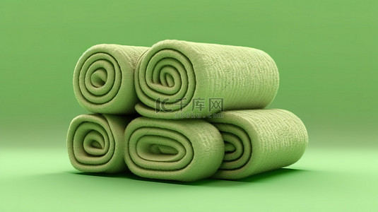绿色背景与 3D 渲染的独立毛巾卷起和折叠
