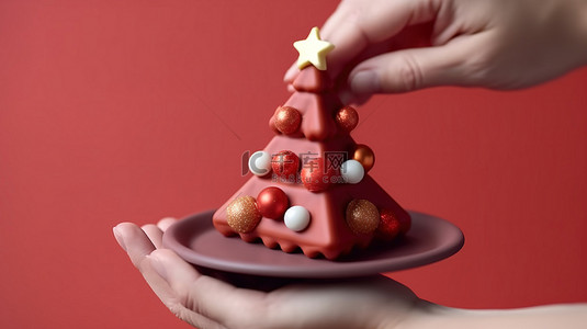 女人的手在盘子上展示节日 3D 巧克力圣诞树和圣诞老人​​甜点