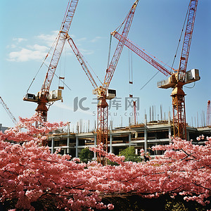 盛开的花背景图片_盛开的樱花树前的起重机和建筑