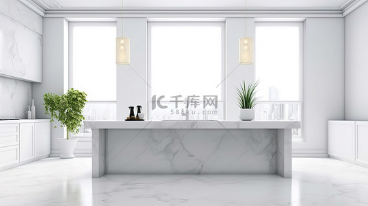 优雅的白色厨房室内设计，台面 3D 渲染上有充足的空间