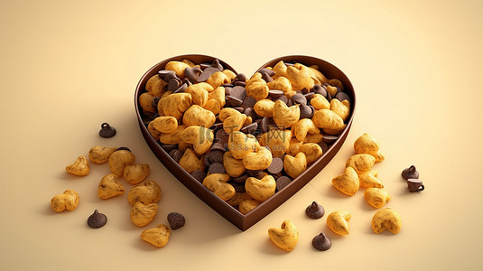 日系奶油风背景图片_巧克力和焦糖片的 3D 心形插图