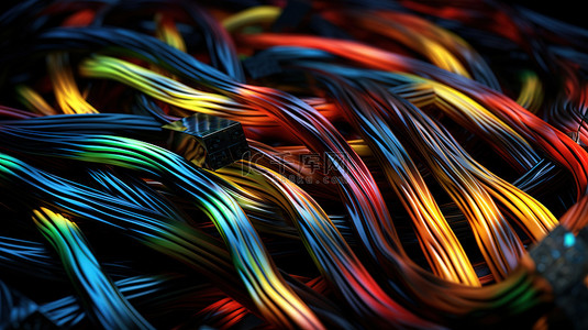 红绿蓝背景背景图片_彩色电缆混乱具有黑色背景和模糊效果的 3D 抽象插图