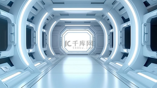 横幅中背景图片_未来空间站隧道中的垂直广告牌或液晶落地支架 3D 渲染