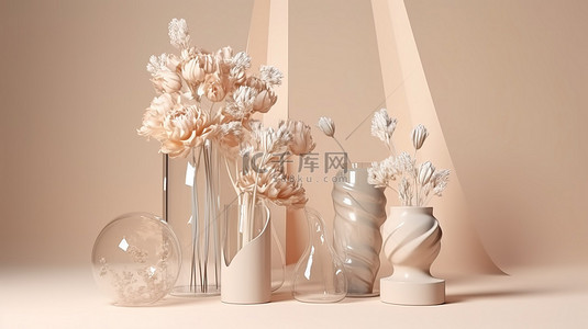 米色花瓶背景图片_高架 3D 展示架，配有奶油色和米色背景的插花和装饰花瓶