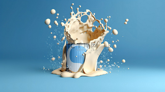 将牛奶溅在一罐饮料的蓝色背景 3D 渲染上