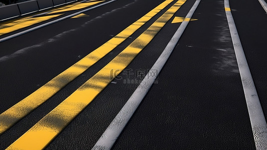 柏油地背景图片_自上而下的 3d 插图，说明在沥青上有黄线的道路