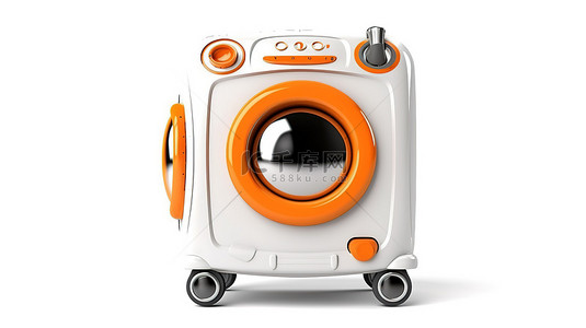 白色背景上携带橙色旅行箱的现代白色洗衣机吉祥物的 3D 渲染