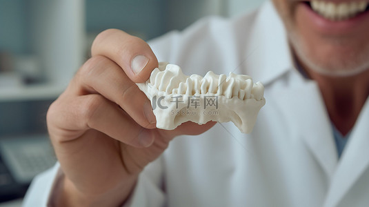 身穿实验服的医科学生检查裁剪照片中的 3D 打印假牙