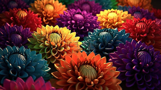 彩色 3d 渲染抽象背景中的装饰菊花