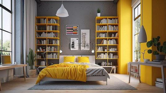 客房背景图片_现代双床宿舍，配有灰色墙壁和黄色书柜室内设计概念，3D 渲染