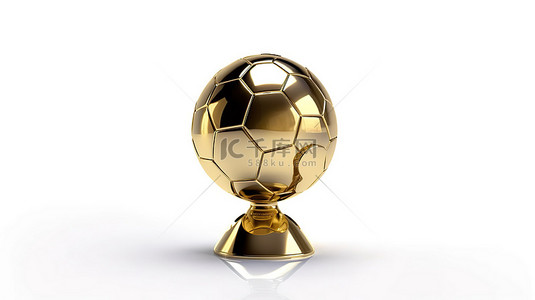 庆祝足球卓越成就，白色背景 3D 渲染上的金色奖杯和足球