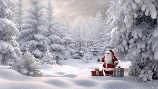 喜庆的 3d 圣诞老人带着礼品袋和圣诞树在白雪皑皑的仙境中完美的假期