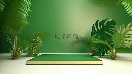 3D 渲染多个平台提供带有装饰性棕榈叶装饰的空绿色模拟空间