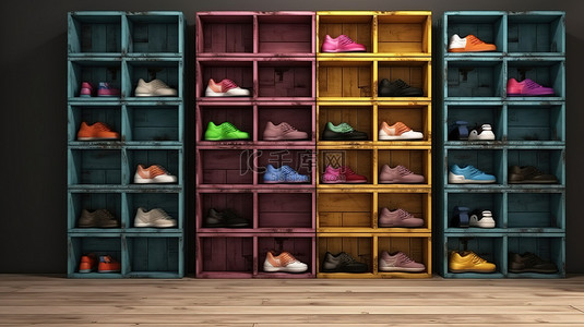多彩多姿的木制鞋柜储物柜或展示架的 3D 渲染
