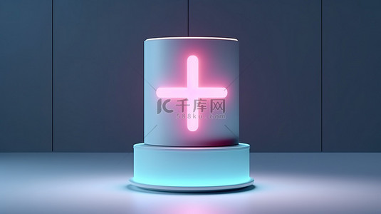 光滑的圆柱展示架，带照明医疗十字加符号简约 3D 渲染