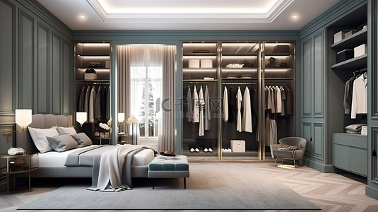生活卧室背景图片_现代优雅令人惊叹的灰色家具卧室和步入式衣柜的 3D 渲染，配有永恒的墙壁装饰