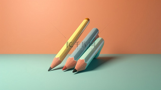 卡通橡皮铅笔背景图片_柔和的背景与 3D 渲染的经典铅笔