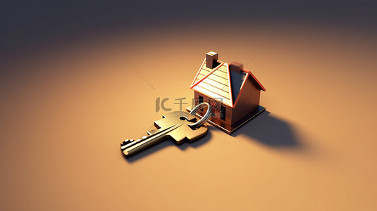 使用 3D 渲染创建的房子形状的钥匙的概念艺术作品