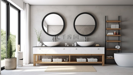 时尚优雅的木架浴室水槽，带镜梯和毛巾，豪华 3D 浴室内饰