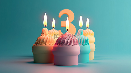 柔和的 9 岁生日蛋糕与蜡烛 3d 渲染派对场景在蓝色背景与复制空间