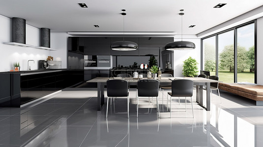 优雅的黑白亚克力厨房，配有混合地板和明亮的自然光 3D 渲染