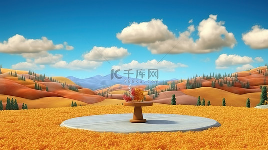 秋季乡村景观的 3D 渲染，包括讲台山草甸和多云的蓝天
