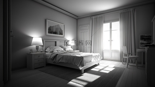 豪华酒店卡通背景图片_带床桌窗和门的 3D 卧室插图