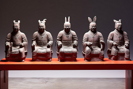 红桌上的七个中国武士雕像