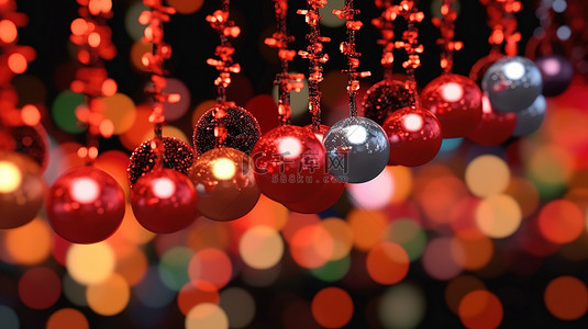 松枝圣诞球背景图片_圣诞树装饰品的详细视图，背景中有美丽的散景花环，新年主题的插图