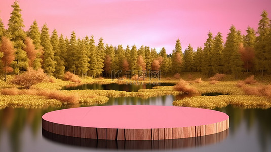 圆形木质底座的 3D 渲染，可欣赏粉红色夏季草地背景下的湖泊和郁郁葱葱的绿色森林