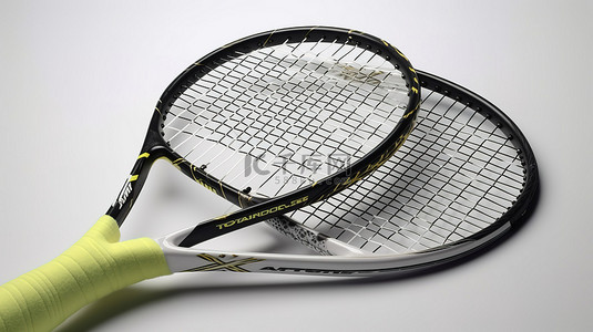 在白色背景上以 3d 形式呈现的一对网球拍和球