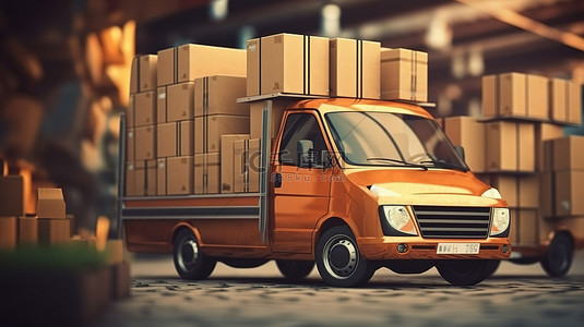快递物流车背景图片_装载堆叠包装箱的货车的 3D 渲染