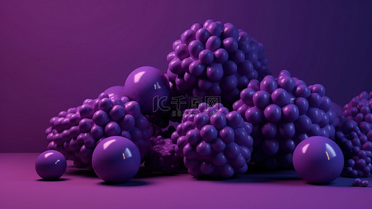 紫色背景上带有纹理紫色球体的抽象几何形式的 3D 渲染