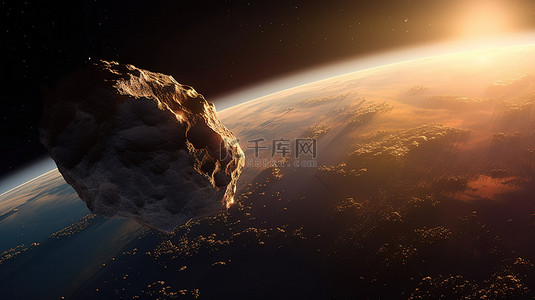 宇宙星球图背景图片_黎明时分接近行星的巨型小行星的 3D 渲染光栅图