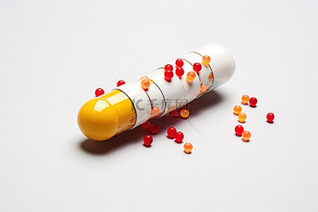 一颗空药丸，里面有红色和黄色的珠子