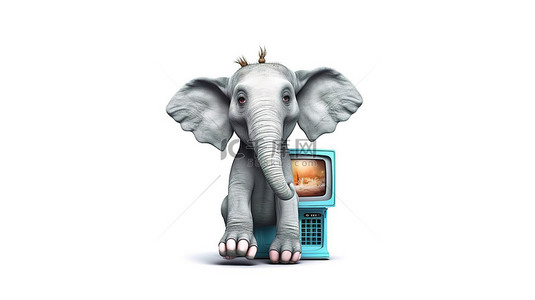 欢快的 3D 大象拿着插图风格的电视