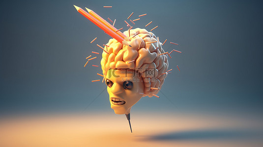大脑角色在 3D 铅笔渲染上飞行