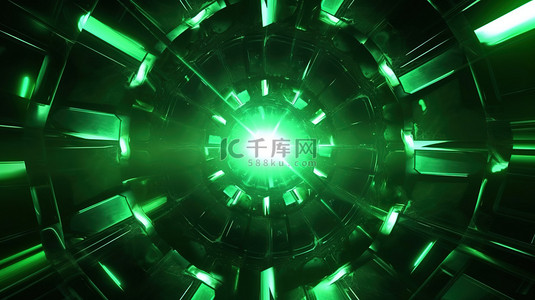移动几何背景图片_充满活力的霓虹绿光照亮的令人着迷的移动 3D 插图隧道