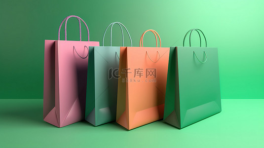 销售业绩图表背景图片_在绿色背景下以 3D 渲染设置的充满活力的纸质购物袋