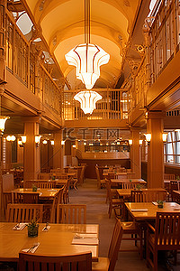 这是一家大餐厅，有天花板照明和宽阔的平面