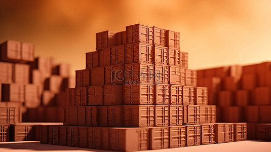 航运服务背景图片_堆叠的棕色盒子和宽敞的集装箱箱以 3D 形式展示物流和运输服务