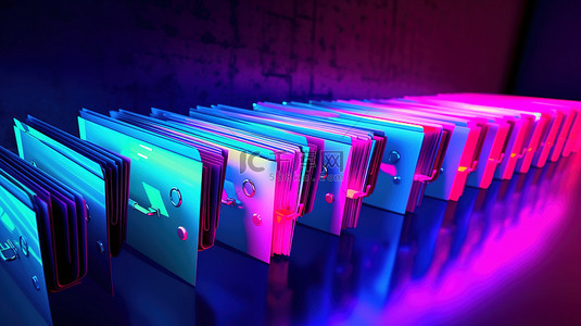 霓虹灯点亮的办公文件夹的 3D 插图特写