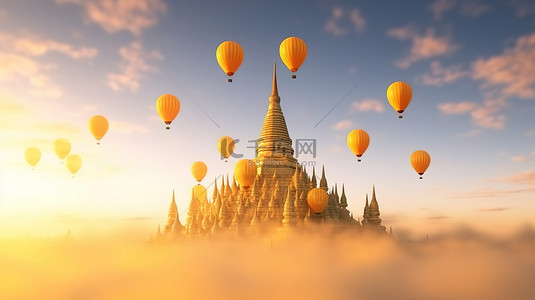 当彩色气球漂浮在夕阳的天空 3D 渲染中时，佛塔从蓬松的雾气中浮现出来