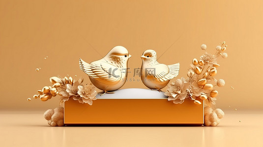 海贝壳花和金鸟装饰金色讲台，用于产品展示 3D 插图
