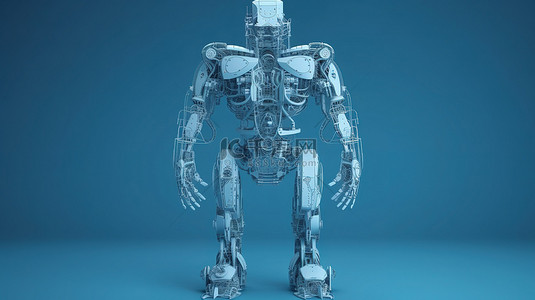 君子兰线描背景图片_蓝色背景上带有刻度的 3d 渲染中的机器人或机器人的蓝图