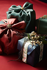 用白色亚洲礼品包装纸将礼物包装在桌子上