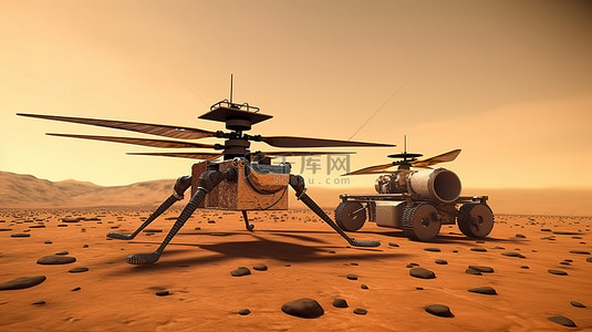 科幻科技空间背景图片_火星直升机和火星车的 3d 渲染图
