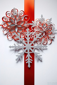 银色的圣诞节装饰着五片红色的雪花和红色的丝带