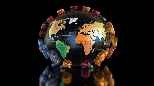 世界主要货币交易所在黑色背景上进行 3D 渲染，复制空间描绘外汇交易和投资概念